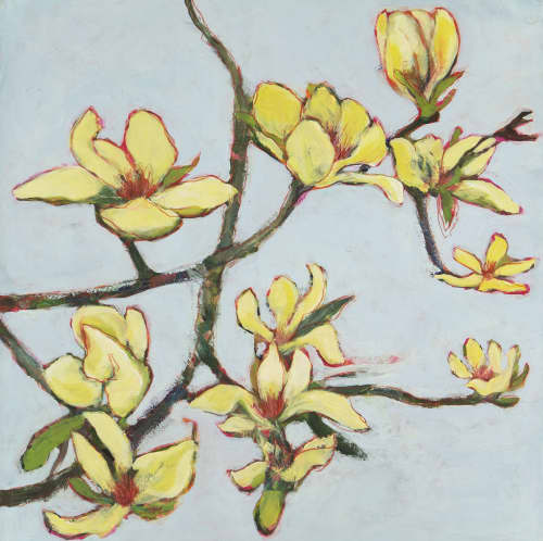 Les magnolias jaunes | Mixed Media in Paintings by Marielle Robichaud. Item composed of wood and paper in minimalism or contemporary style