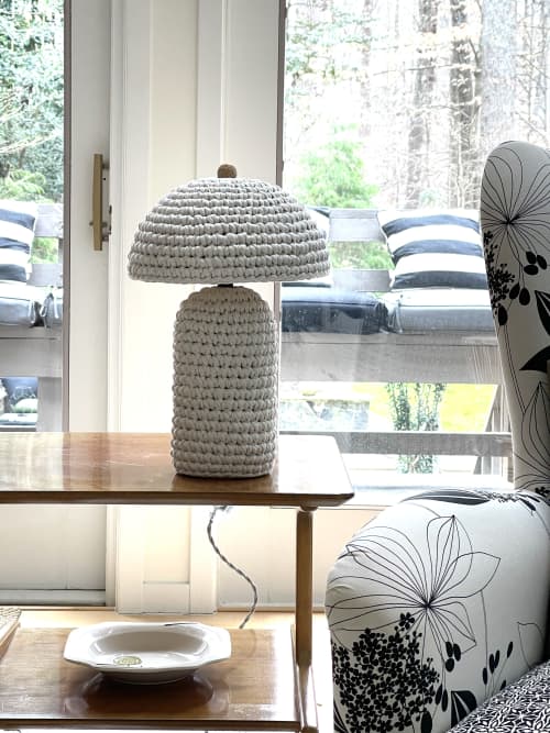 The Knitty Table Lamp in Cream | Lamps by Meg Morrison. Item composed of fabric and ceramic in minimalism or mid century modern style