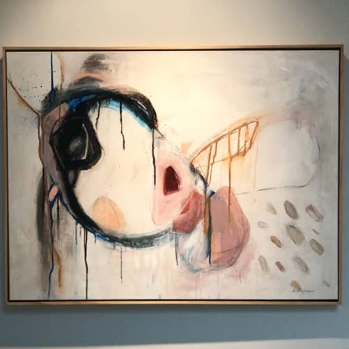 Modern abstract in white, black, navy and blush tones | Oil And Acrylic Painting in Paintings by Kathi Graves Art. Item made of canvas with synthetic