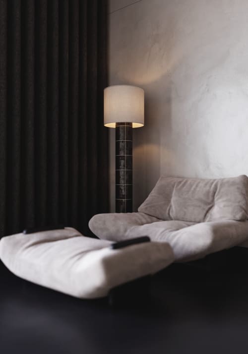 Handcrafted Ceramic Floor Lamp with Linen Cubic Shade | Lamps by SVITANOK by Artem Zakharchenko. Item made of linen with ceramic works with minimalism & contemporary style