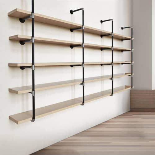 Industrial Hanging Pipe Shelf | Shelving in Storage by Fargo Woodworks. Item made of oak wood works with minimalism & contemporary style