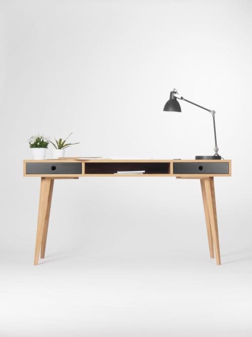 Large modern oak desk, computer table, with black drawers | Tables by Mo Woodwork