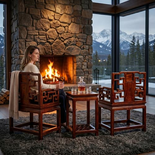 Legacy Imperial Taishi Armchair Trio Set with Kanji Carving | Chairs by Dynasty Artisan. Item made of wood works with contemporary & eclectic & maximalism style