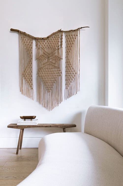 Large Driftwood Macramé Neutral Tan Brown | Macrame Wall Hanging in Wall Hangings by MACRO MACRAME by Maeve Pacheco. Item composed of wood and cotton in boho or coastal style