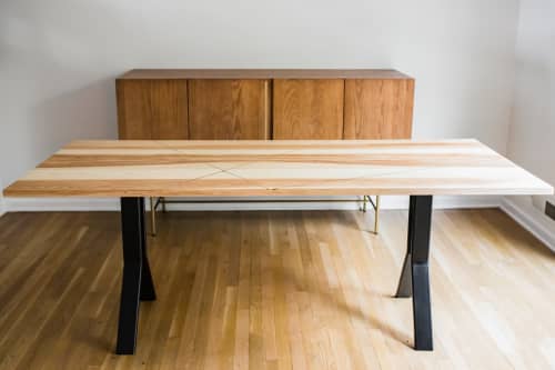 White Ash Dining Table with Brass inlay on Black Steel Pedestal Legs | Tables by Basemeant WRX. Item composed of wood & steel