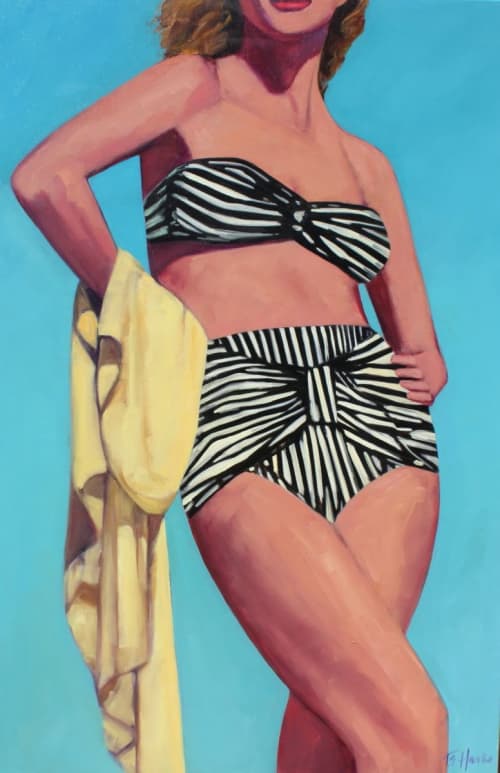 'Yellow Beach Towel', 72"x48", original oil painting | Oil And Acrylic Painting in Paintings by T.S. Harris aka Tracey Sylvester Harris | Delta Sky Club in Los Angeles. Item composed of synthetic