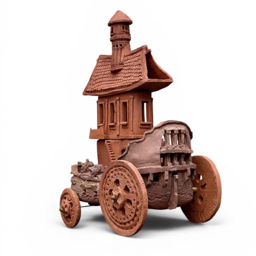 Terracotta Ship On Wheels Fantasy Sculpture | Public Sculptures by RailroadWare Lighting Hardware & Gifts. Item made of ceramic works with contemporary style