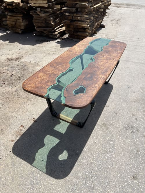 River Glass Dining Table - Green River Table | Tables by Tinella Wood. Item composed of wood & glass compatible with contemporary and art deco style