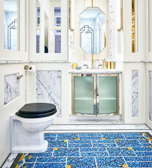 Russel Square Bathroom Floor Mosaic in Gold & White Gold | Art & Wall Decor by Paul Siggins - The Mosaic Studio | Russell Square in London. Item composed of glass