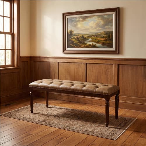 Sarp Quilted Upholstered Wooden Bench with Studded Detail | Benches & Ottomans by Kleinhaus Furniture. Item composed of wood compatible with traditional style