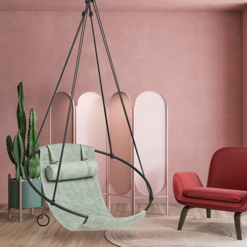 Studio Stirling Festive Special Edition Sage Green Sling | Swing Chair in Chairs by Studio Stirling. Item composed of fabric and steel in minimalism or modern style