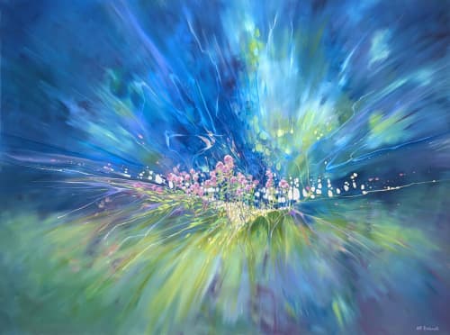 One Enchanted Summer is a semi-abstract summer landscape | Oil And Acrylic Painting in Paintings by Gill Bustamante. Item made of canvas works with boho & contemporary style