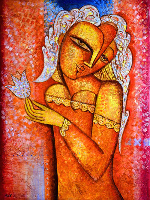 Girl with Flower | Prints by Van Hovak | Private Residence in Los Angeles. Item composed of canvas