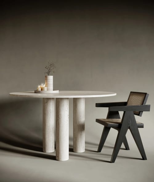 Italian Travertine Dining Round Table - Round Marble Table | Dining Table in Tables by TigerWoodAtelier. Item composed of metal & marble compatible with minimalism and mid century modern style