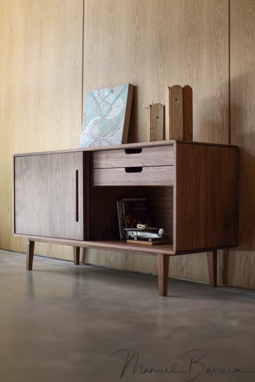 Credenza with Sliding Lacquered Doors | Media Console in Storage by Manuel Barrera Habitables. Item composed of oak wood