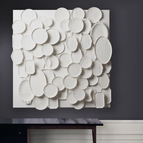 Art de la Table - Composition in white porcelain | Wall Sculpture in Wall Hangings by Studio DeSimoneWayland. Item made of birch wood with ceramic works with boho & contemporary style