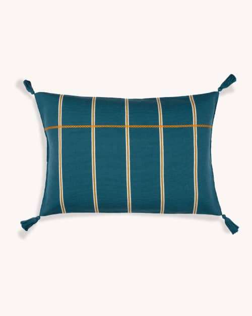 Rayas Stripe Zinacantán Cushion (TEAL) | Pillows by Routes Interiors. Item made of cotton works with boho & eclectic & maximalism style