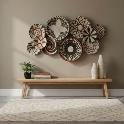10 Pieces Modern Boho Wall Decor Baskets | Decorative Plate in Decorative Objects by Sarmal Design. Item made of bamboo with cotton works with boho & contemporary style