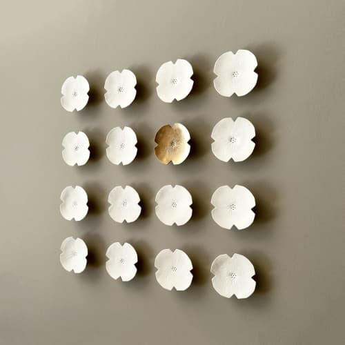 16 Ceramic Flowers White & Gold | Wall Sculpture in Wall Hangings by Elizabeth Prince Ceramics. Item composed of stoneware in minimalism or contemporary style