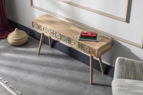 Oak End Table with Mexican Tiles, Wooden Console, Stand | Tables by Halohope Design. Item made of oak wood
