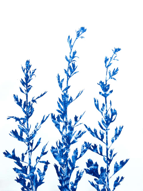 Spring Poppies (30 x 22" cyanotype painting on paper) | Watercolor Painting in Paintings by Christine So. Item composed of paper in boho or country & farmhouse style