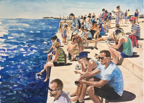 Zadar, Seaside Crowd | Oil And Acrylic Painting in Paintings by Arran Harvey | Arran Harvey Studio in San Francisco. Item made of paper with synthetic
