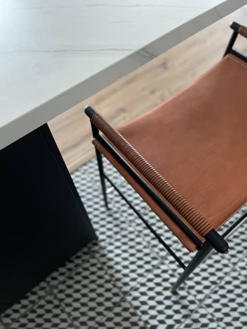 ¨Repose¨Counter Stool Leather and Black Rubbered Steel Frame | Chairs by Jover + Valls. Item made of steel with leather works with contemporary style
