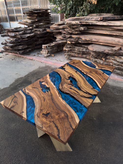 Blue Ocean Epoxy Dining Table | Live Edge Handmade Table | Tables by Tinella Wood. Item made of oak wood compatible with minimalism and art deco style