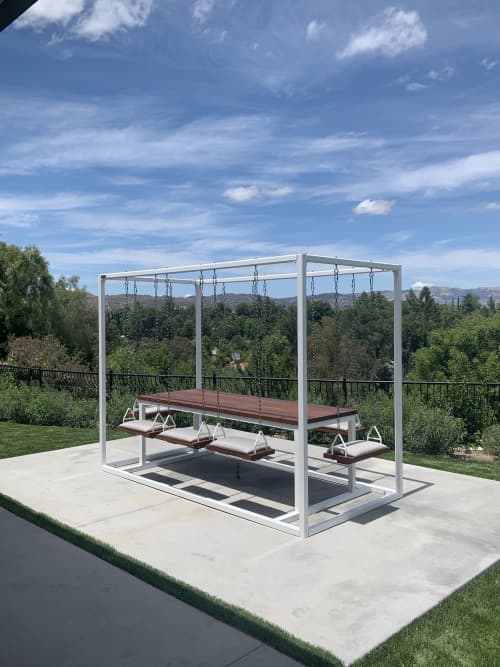 White 8-Seater Rectangle with Teak Wood | Picnic Table in Tables by SwingTables. Item made of wood with steel
