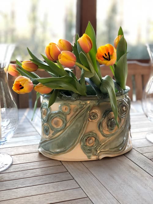 Flower Brick in Spearmint Floral Pattern | Vase in Vases & Vessels by Lora Rust Ceramics. Item composed of ceramic