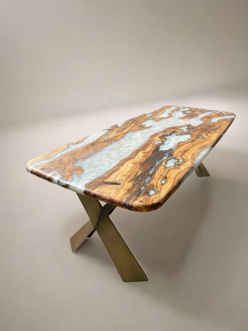 White Olive Epoxy Resin Table - Olive River Table | Dining Table in Tables by Tinella Wood. Item composed of wood & metal compatible with contemporary and coastal style