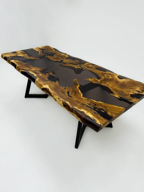 Dark Gray Epoxy Resin Dining Table - Olive Wood Custom Table | Tables by Tinella Collection. Item made of wood works with minimalism & art deco style