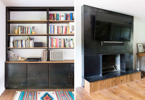 Steel & Wood Bookcase/Fireplace | Furniture by Brian Chilton Design | Client Residence - Austin, Texas in Austin