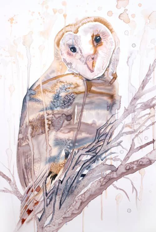 Barn Owl No. 9 : Original Watercolor Painting on Canvas | Paintings by Elizabeth Becker. Item composed of canvas in minimalism or contemporary style