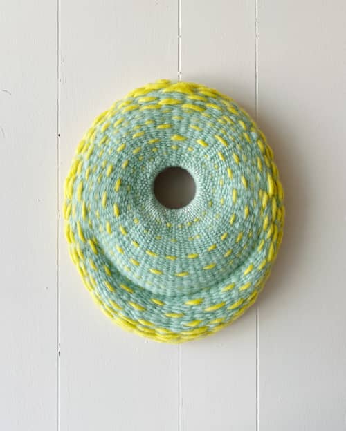Yellow Umbrellas / Aquamarine Sea Round Woven Painting | Wall Sculpture in Wall Hangings by Emily Nicolaides. Item made of canvas