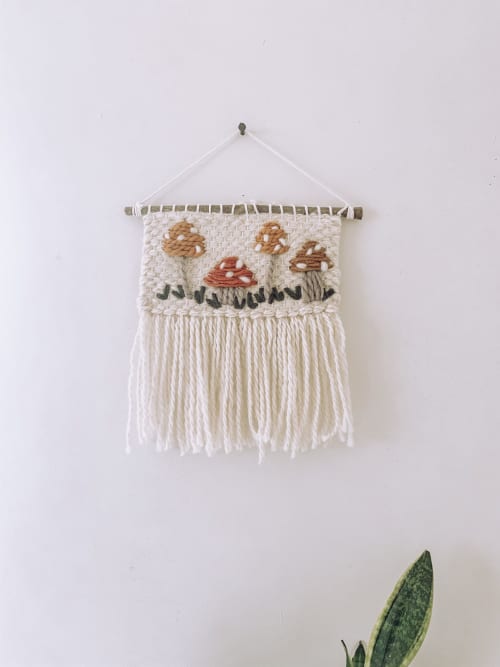Handmade Woven Wall Hanging Decor - Mushroom Embroidery | Macrame Wall Hanging in Wall Hangings by Hippie & Fringe. Item made of fiber
