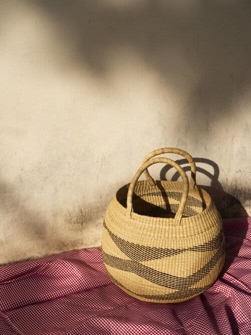 Natural/Black Diamond Pattern Bolo Basket | Storage Basket in Storage by AKETEKETE. Item composed of fiber compatible with minimalism and country & farmhouse style