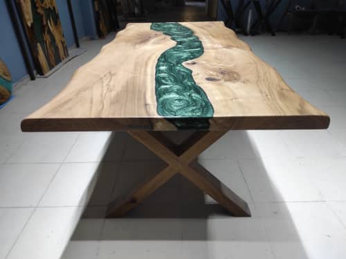Live Edge Green Epoxy Resin Dining Table | Conference Table in Tables by LuxuryEpoxyFurniture. Item made of walnut