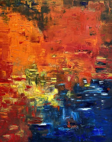Harbor Lights Original Oil Abstract | Oil And Acrylic Painting in Paintings by Strokes by Red - Red (Linda Harrison). Item composed of canvas in contemporary or coastal style