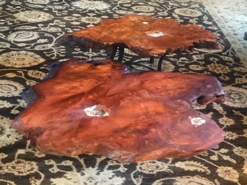 Redwood Burl Coffee Table Set with Stone Inlay | Tables by Natural Wood Edge Creations by Rick Griggs