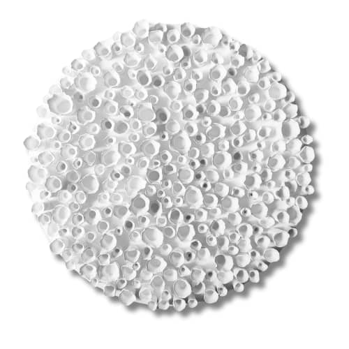 White wall sculpture on a 20" round canvas | Wall Hangings by Art By Natasha Kanevski. Item made of canvas & ceramic compatible with minimalism and contemporary style
