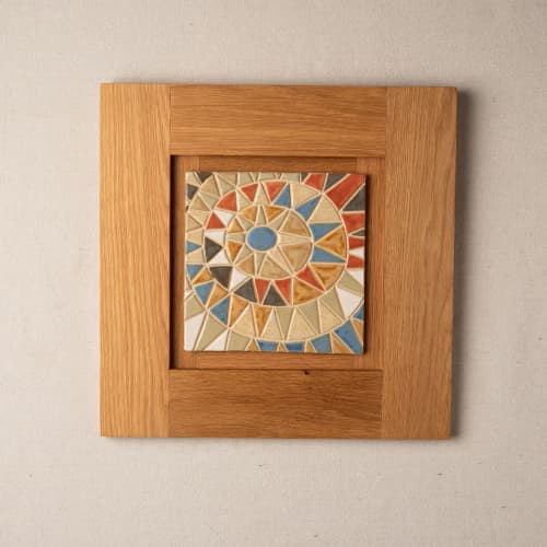 Desert Sun in White Oak Frame - No. 2 | Mosaic in Art & Wall Decor by Clare and Romy Studio. Item composed of oak wood and ceramic in boho or mid century modern style