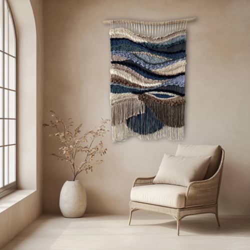 Modern Handwoven Wall Hanging for Boho Home "Earth & Sea" | Wall Hangings by Tissage Sauvage. Item composed of wood & cotton compatible with boho and country & farmhouse style