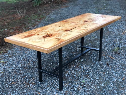 Refinished Bar Top carved with Family memories into Kitchen Table | Dining Table in Tables by Basemeant WRX. Item composed of wood & steel