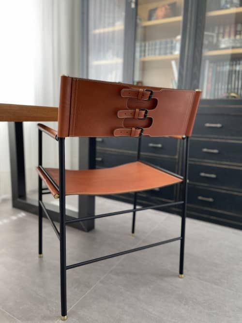 “Repose” Armchair Various Leather Colors, Black Rubbered Ste | Chairs by Jover + Valls. Item made of steel with leather