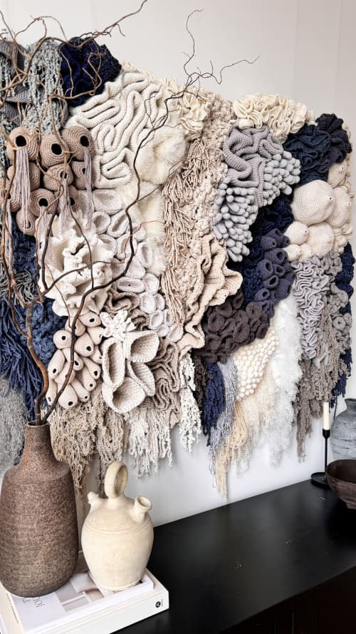 Large Abstract Textile Wall Art Blue Accent Fiber Sculpture | Tapestry in Wall Hangings by Anna Baranova Art. Item composed of cotton and fiber in contemporary or modern style