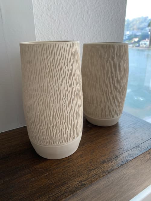 Carved textured Vase | Vases & Vessels by Falkin Pottery. Item made of stoneware works with contemporary & coastal style