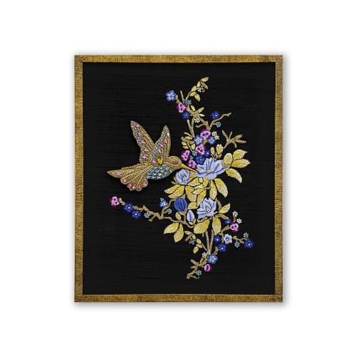 Hummingbird & Flower Framed Wall Art | Embroidery in Wall Hangings by MagicSimSim. Item compatible with art deco style