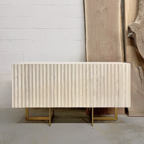 Cashmere White Brass Trio Sideboard | Storage by YJ Interiors. Item composed of oak wood and brass in mid century modern or contemporary style