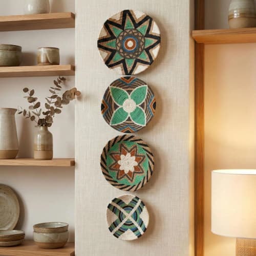 4 Pieces Natural Blue Wall Hanging African Wall Basket | Decorative Plate in Decorative Objects by Sarmal Design. Item made of bamboo & cotton compatible with boho and mid century modern style